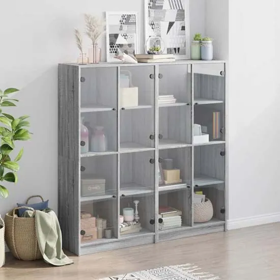 Avila Bookcase with 8 Glass Doors - Grey, Engineered Wood