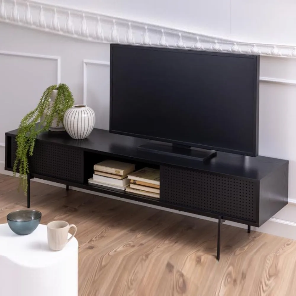 Avila TV Stand with 2 Sliding Doors - Black, Wood