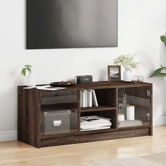 Avila TV Stand with Glass Doors - Brown Oak, Engineered Wood
