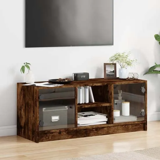 Avila TV Stand with Glass Doors - Smoked Oak, Engineered Wood