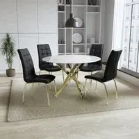 Avon Round Dining Table with 4 Justin Black Chairs - Gold
