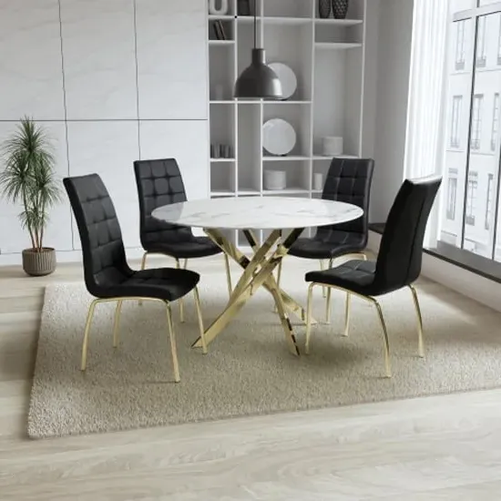 Avon Round Dining Table with 4 Justin Black Chairs - Gold