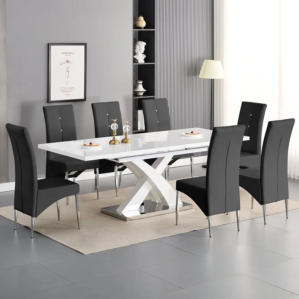 Axara Large Extendable Dining Table with 8 Vesta Chairs - White, Black