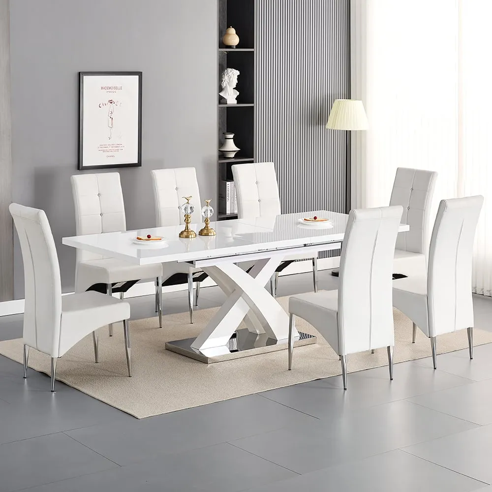 Axara Large Extendable Dining Table with 8 Vesta Chairs - White