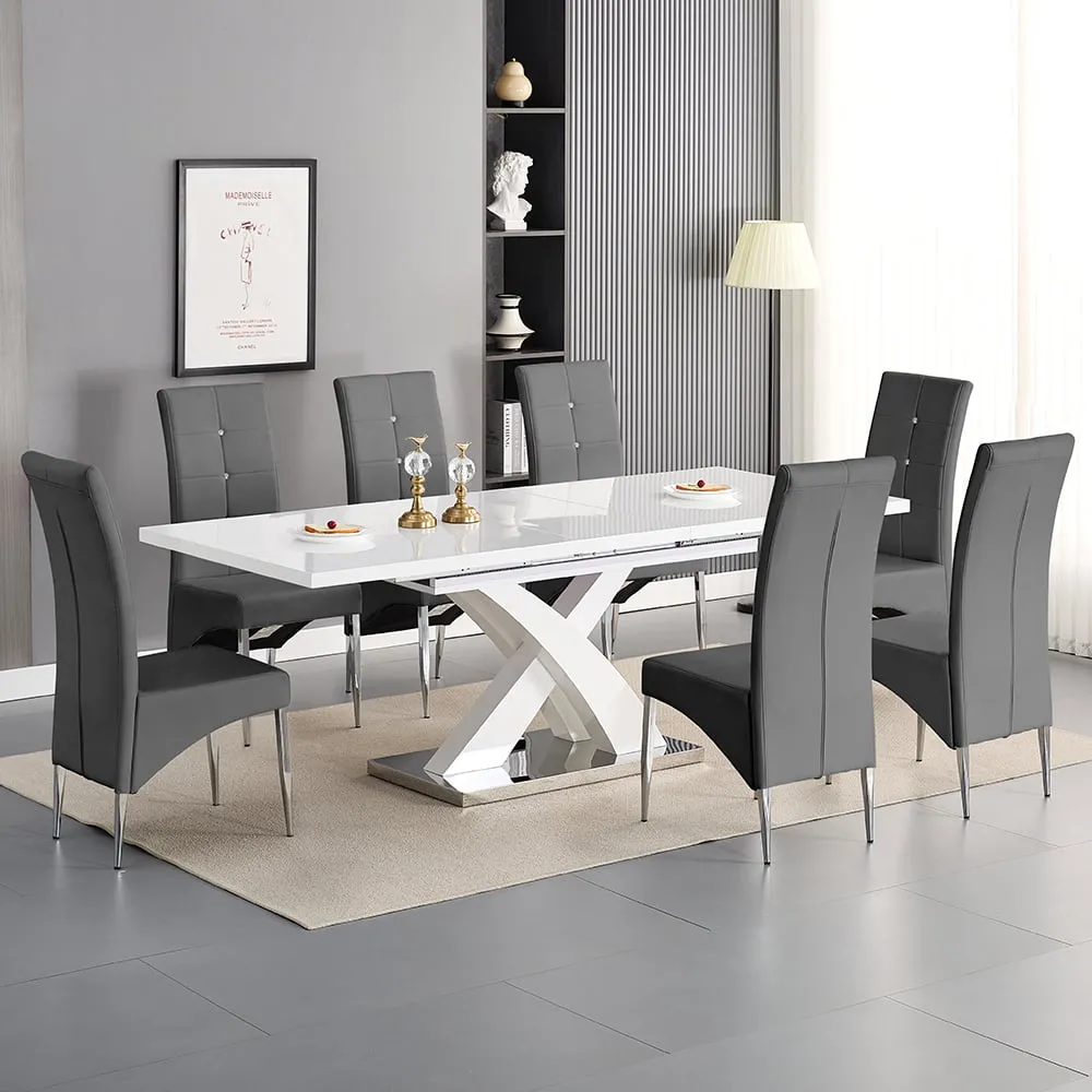 Axara Large Extendable Dining Table with 8 Vesta Chairs - White