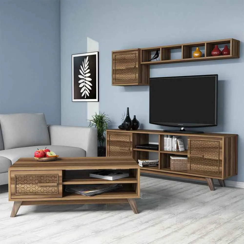 Ayla Entertainment Unit with Coffee Table Set - Walnut, Melamine product