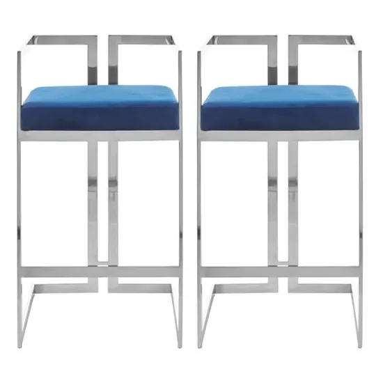 Azaltro Bar Stools with Silver Frame - Blue, Velvet