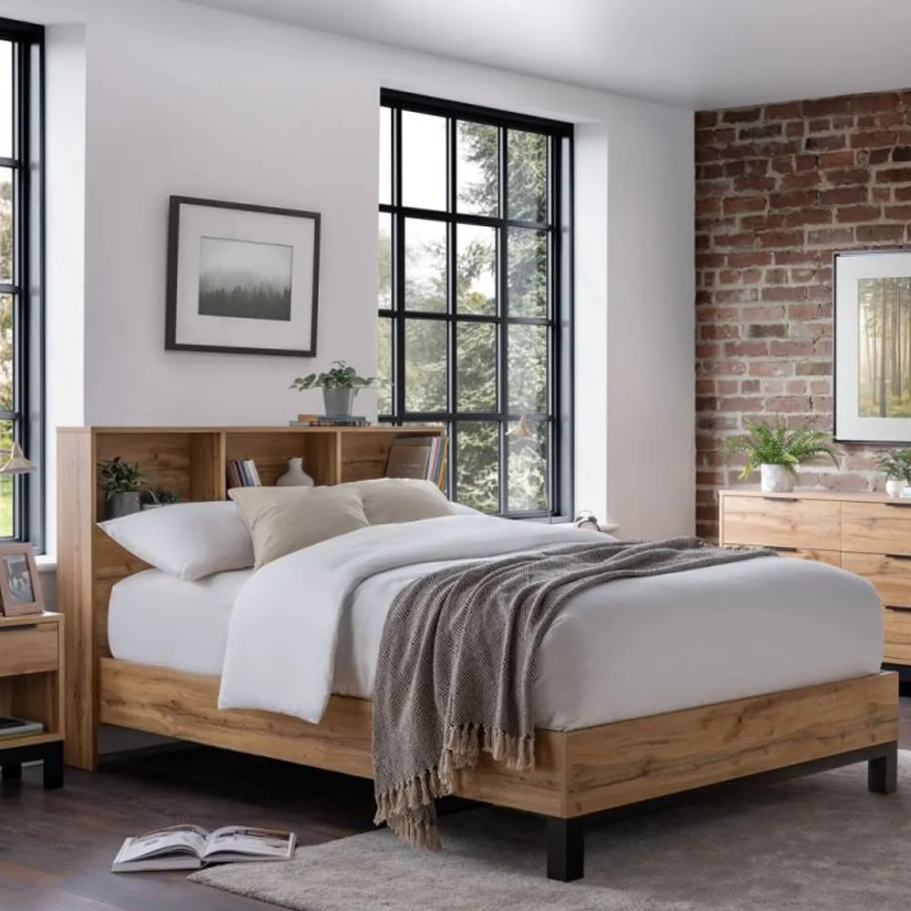 Baara Double Bed with Bookcase Headboard - Oak