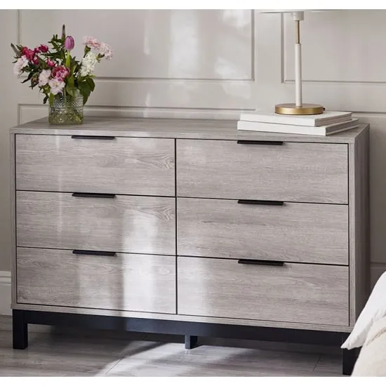 Baara Wide 6-Drawer Chest - Grey Oak