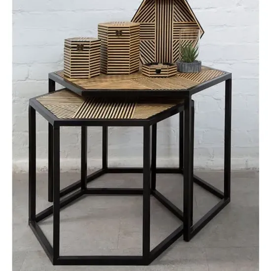 Bablet Hexagonal Set of 2 Side Tables - Black, Bamboo