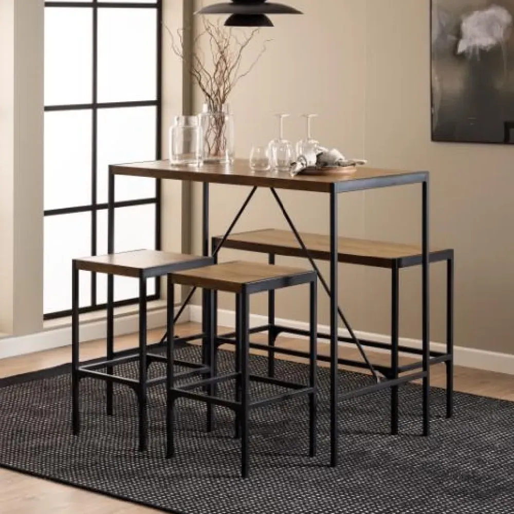 Bagdad Bar Table Set with Bench and Stools - Rustic Oak image