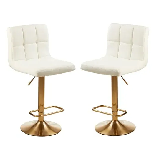 Baino Adjustable Bar Chairs with Gold Base - White, Faux Leather