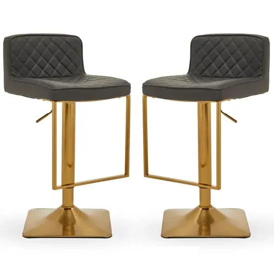 Baino Bar Chairs with Gold Footrest - Grey, Leather