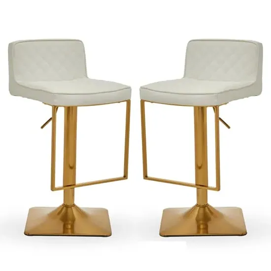 Baino Bar Chairs with Gold Footrest - White, Leather
