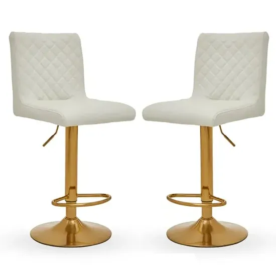 Baino Bar Chairs with Round Gold Base - White, Leather