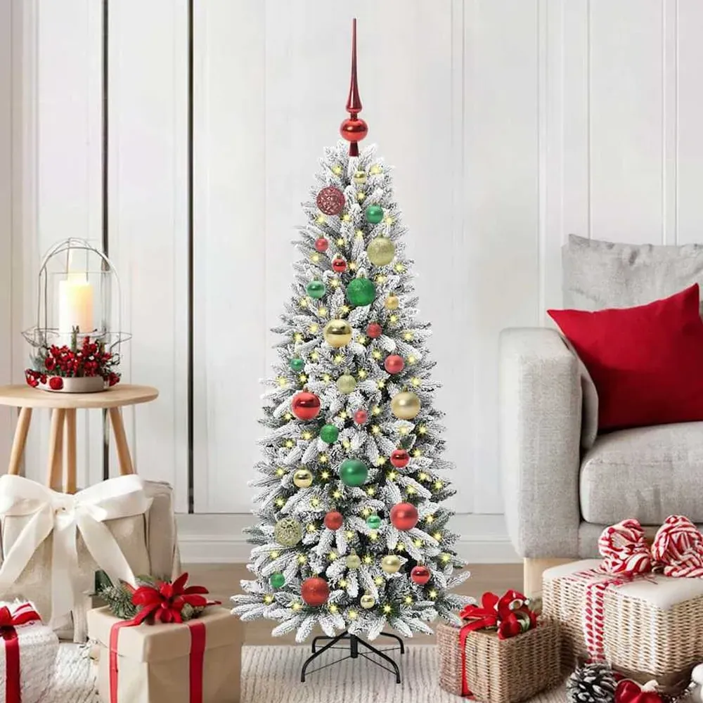 Barco 210cm Flocked Snow Artificial Christmas Tree with LED and Baubles - White