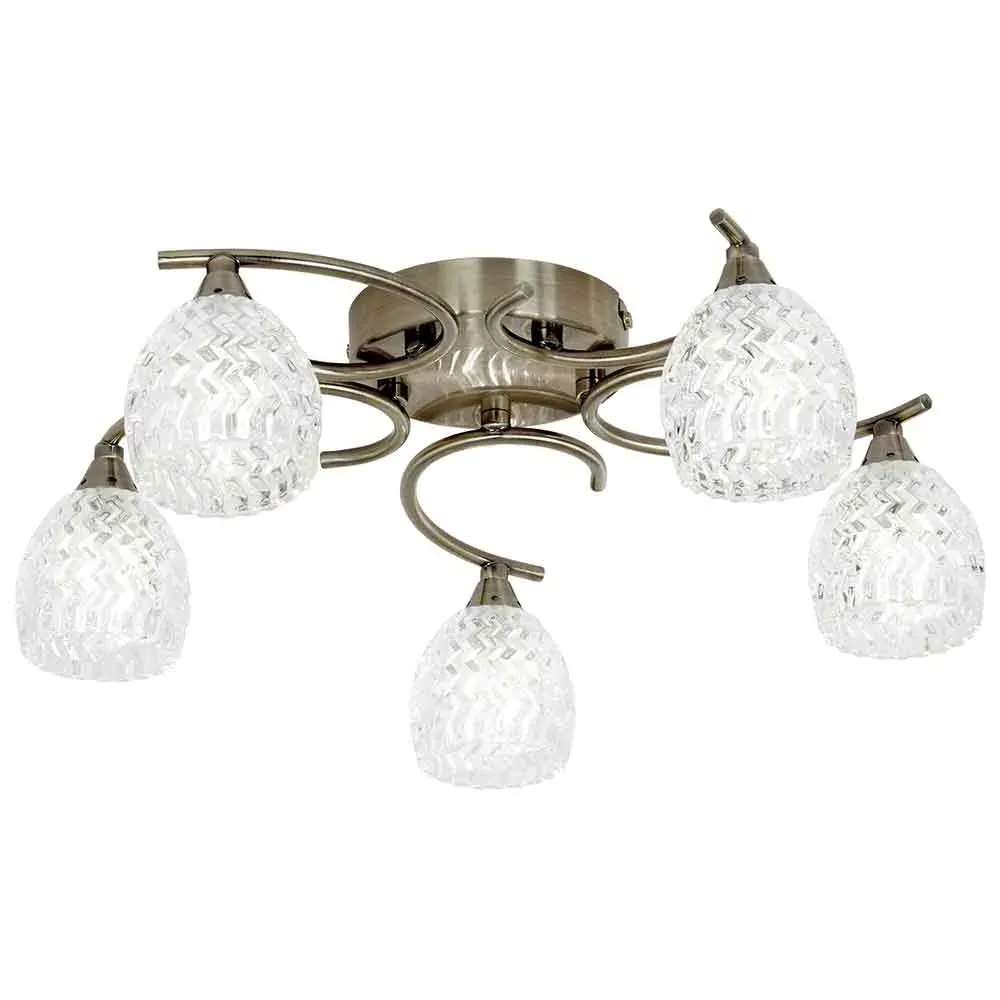 Barco 5 Lights Flush Ceiling Light - Antique Brass, Glass