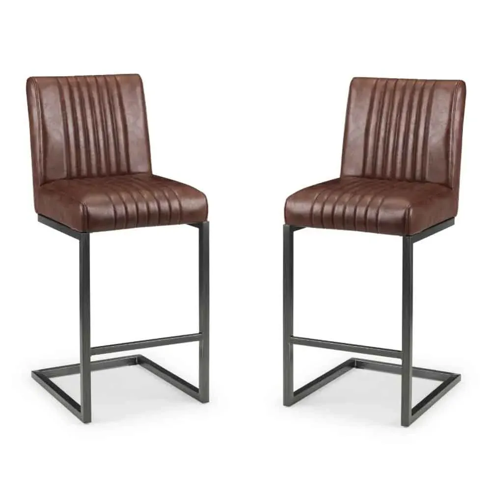 Barras Bar Stool Pair with Horizontal Stitching - Brown, Faux Leather product