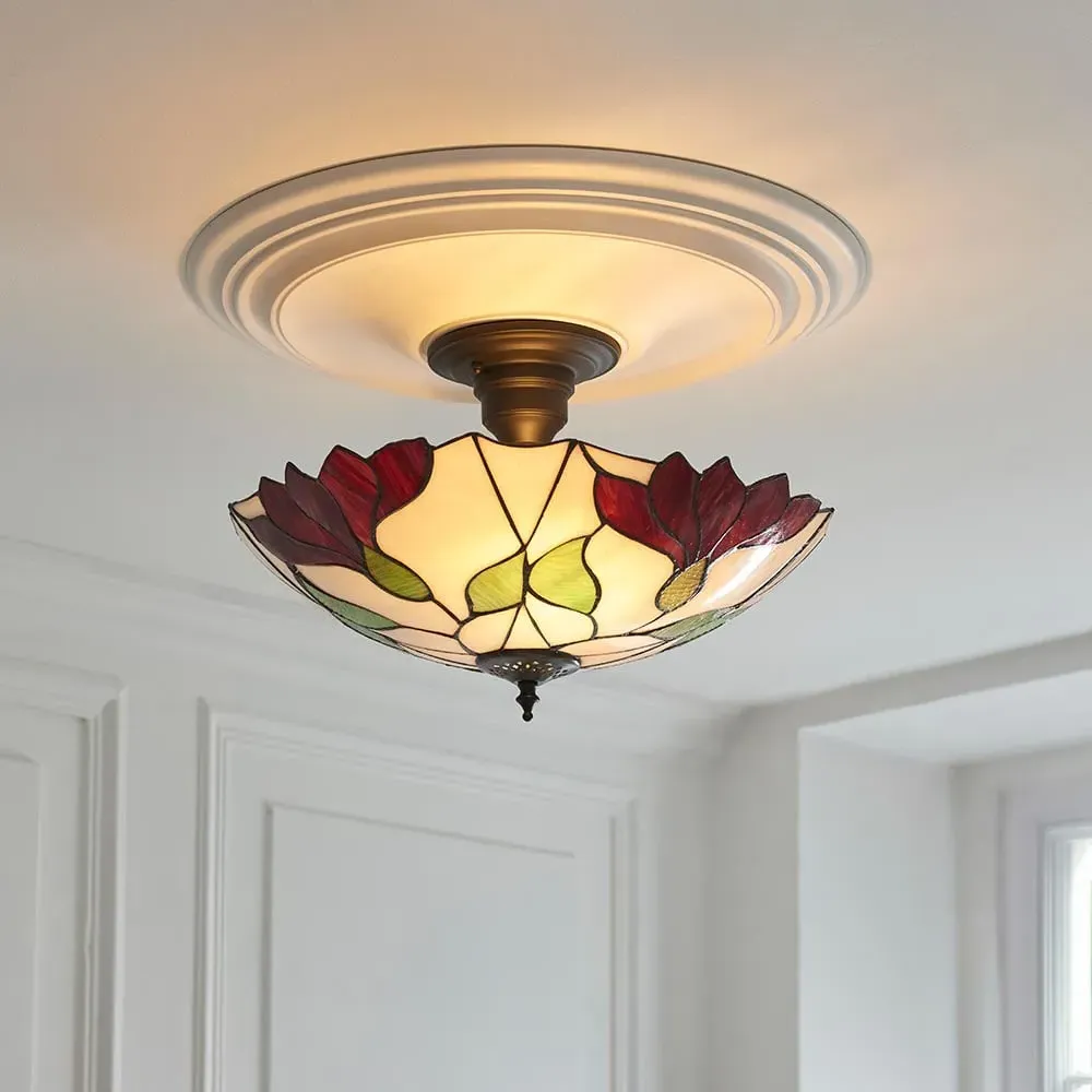 Barrigada Tiffany Glass Semi-Flush Ceiling Light - Black