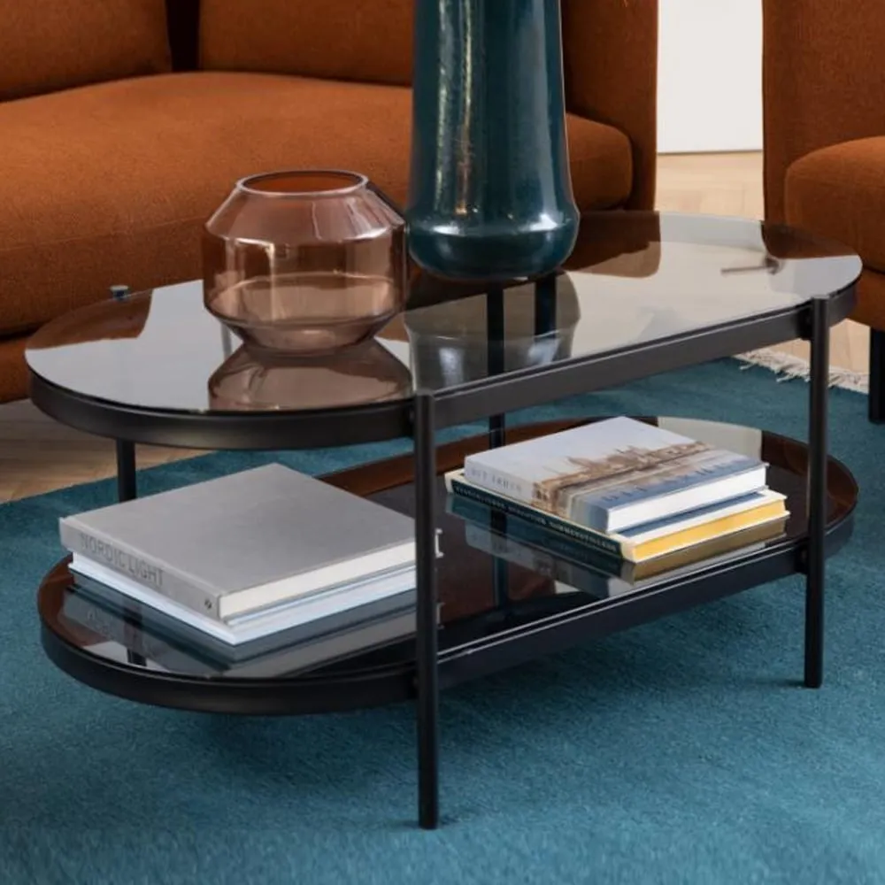 Baryon Oval Coffee Table with Storage - Black, Smoked Glass