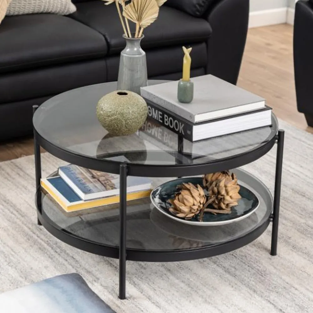 Baryon Round Coffee Table with Storage - Black, Smoked Glass image