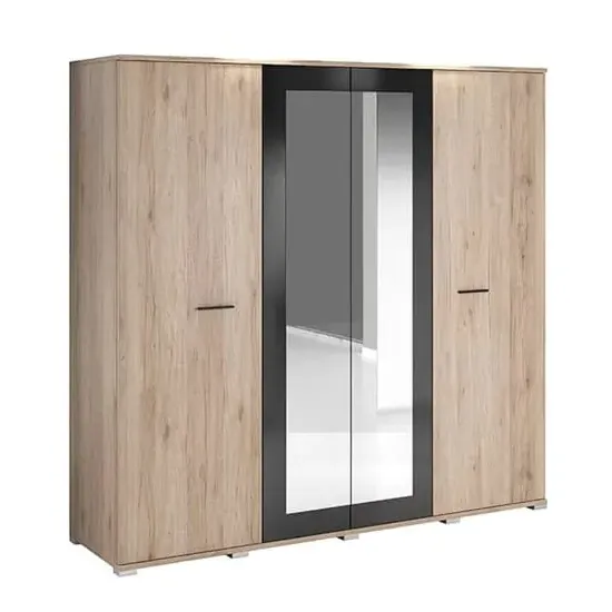 Basalt 4-Door Mirrored Wardrobe - San Remo Oak, Black
