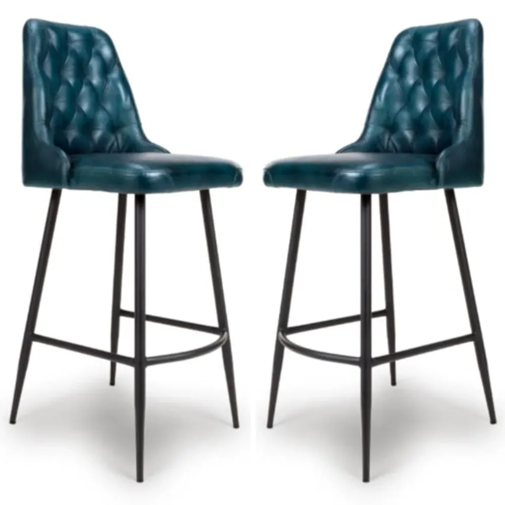 Basel Buffalo Leather Bar Chairs In Pair - Blue