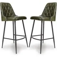 Basel Buffalo Leather Bar Chairs In Pair - Green