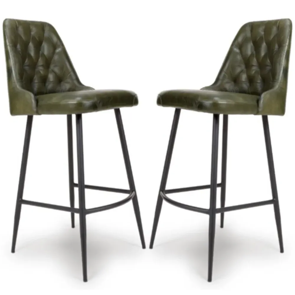 Basel Buffalo Leather Bar Chairs In Pair - Green