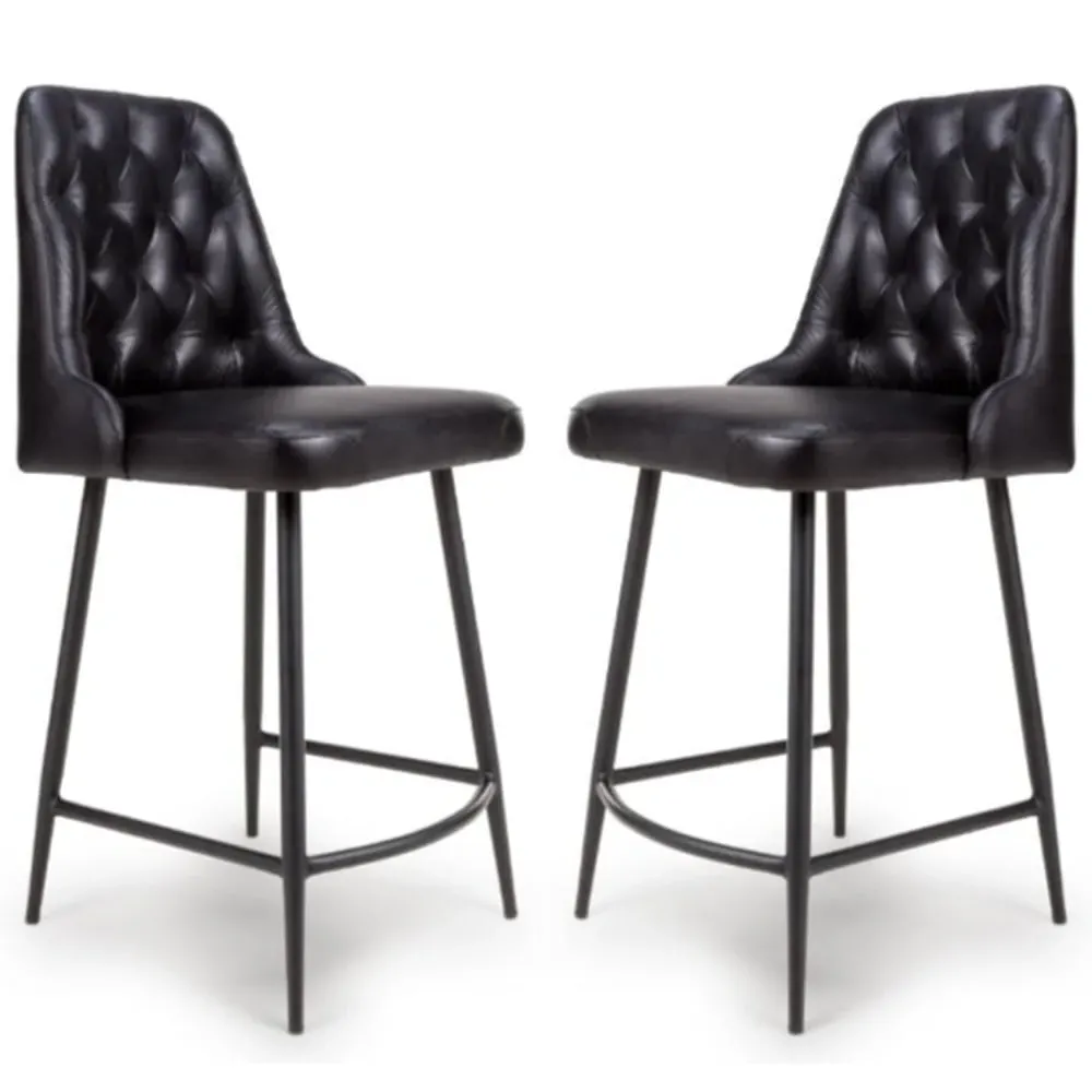 Basel Counter Bar Chairs In Pair - Black, Buffalo Leather