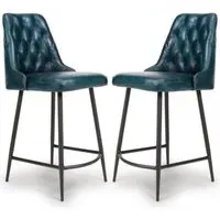 Basel Counter Bar Chairs In Pair - Blue, Buffalo Leather