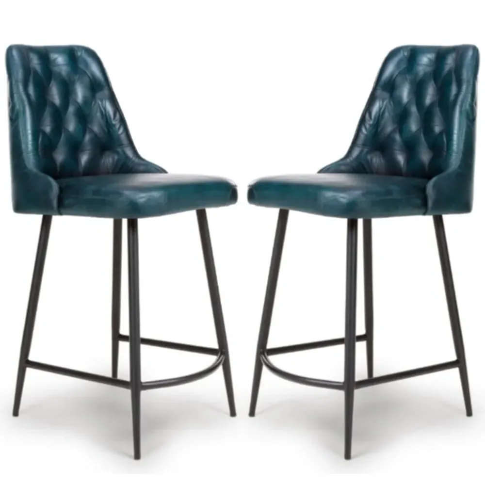 Basel Counter Bar Chairs In Pair - Blue, Buffalo Leather