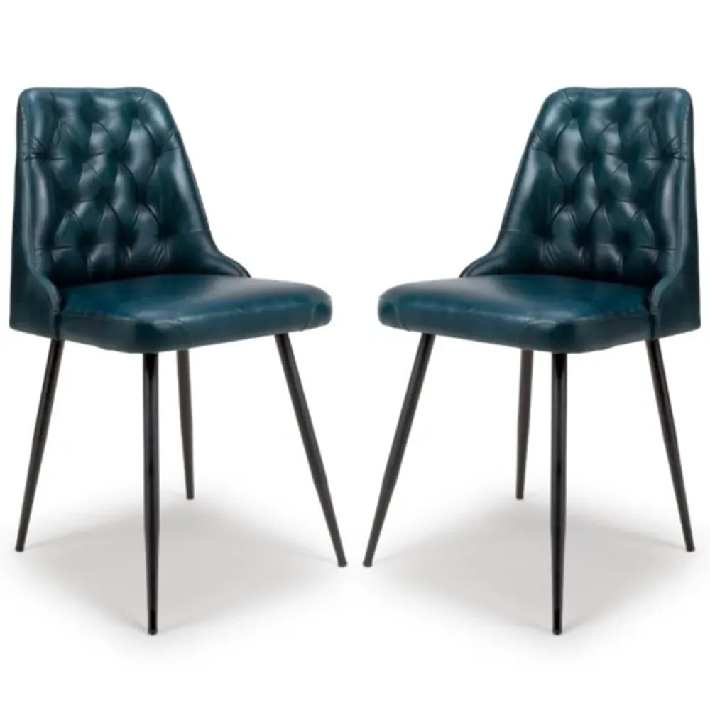 Basel Dining Chairs In Pair - Blue, Buffalo Leather