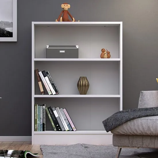 Baskon Wide Bookcase with 3 Shelves - White, Wood product
