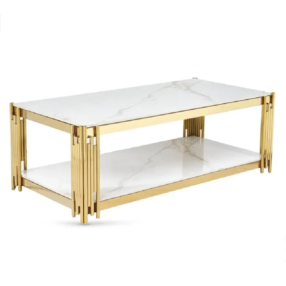 Bastia Coffee Table with Gold Frame - White, Sintered Stone