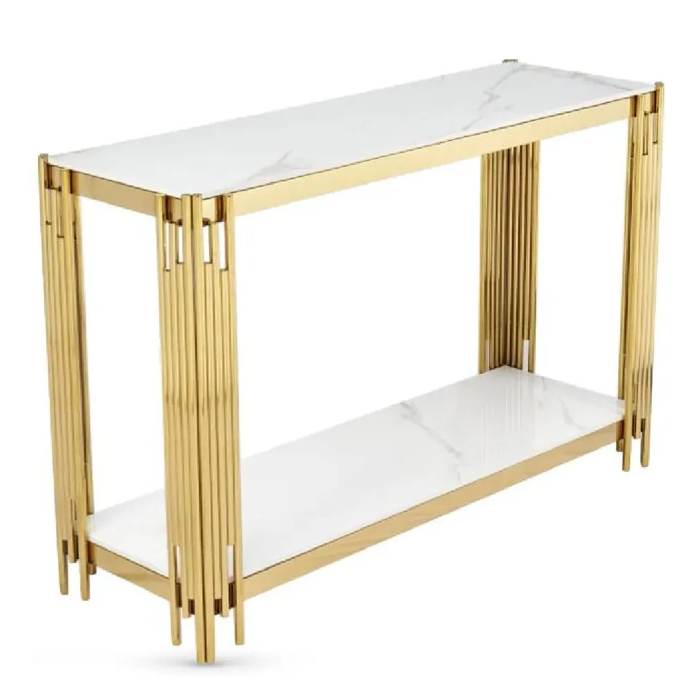 Bastia Console Table with Gold Frame - White, Sintered Stone