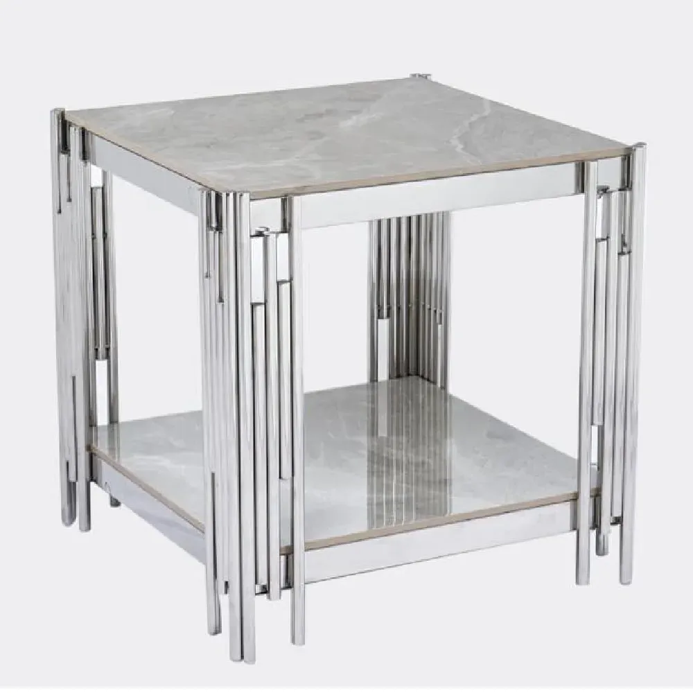 Bastia Square End Table with Chrome Frame - Grey, Sintered Stone image