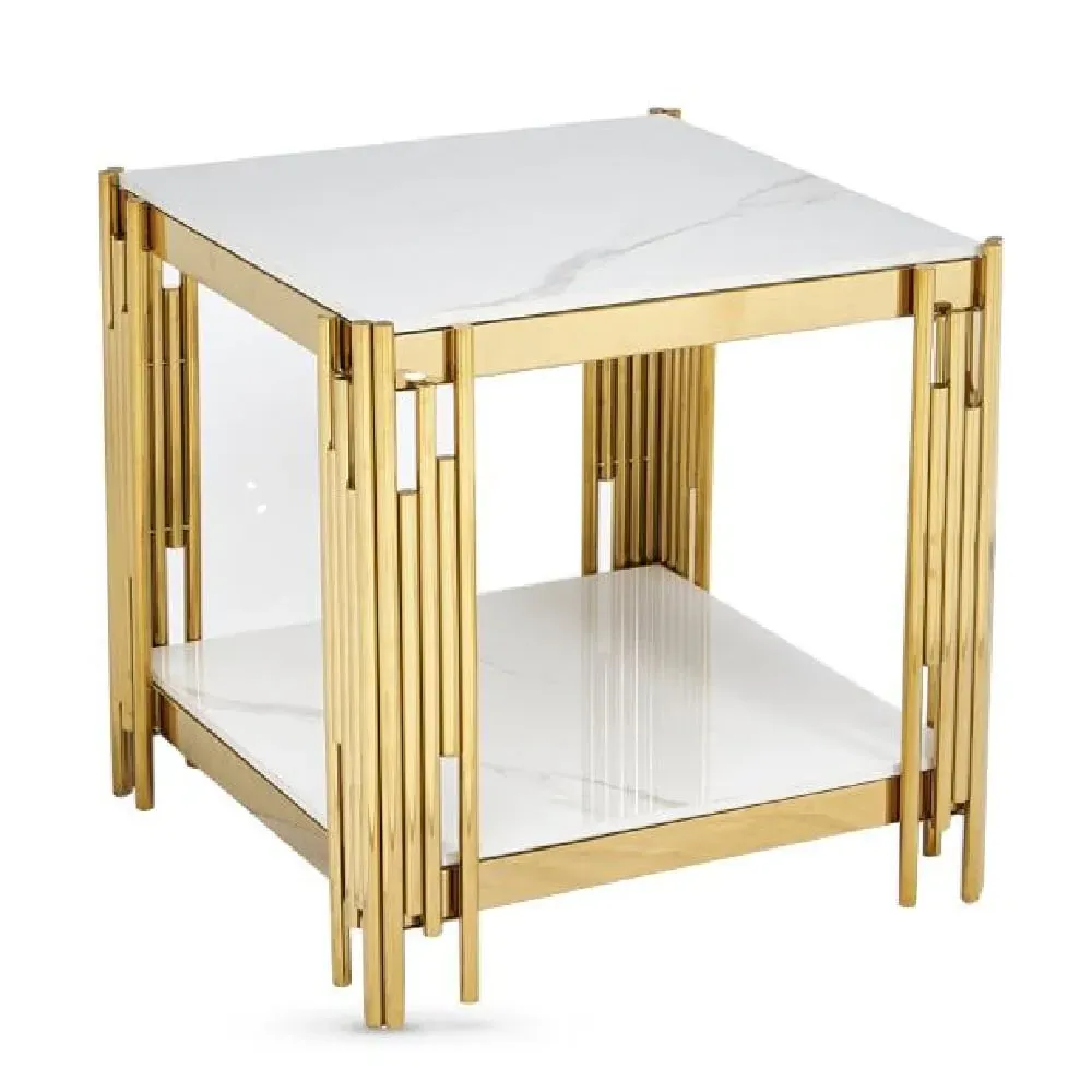 Bastia Square End Table with Gold Frame - White, Sintered Stone