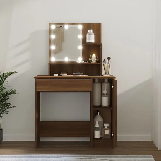Baylah Dressing Table with LED Lights - Brown Oak, Engineered Wood image