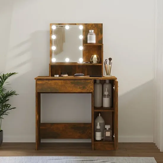 Baylah Dressing Table with LED Lights - Smoked Oak