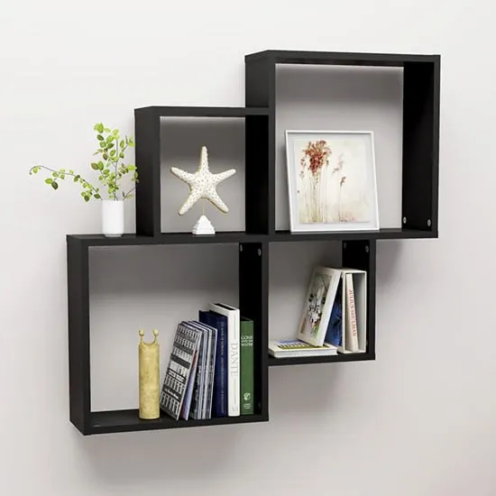 Bazyli Cube Wall Shelf - Black, Engineered Wood
