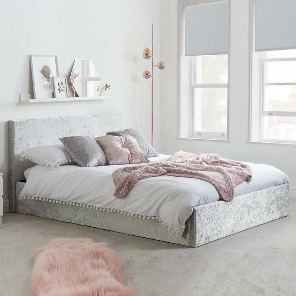 Beano King Size Ottoman Bed with Storage - Steel, Crushed Velvet