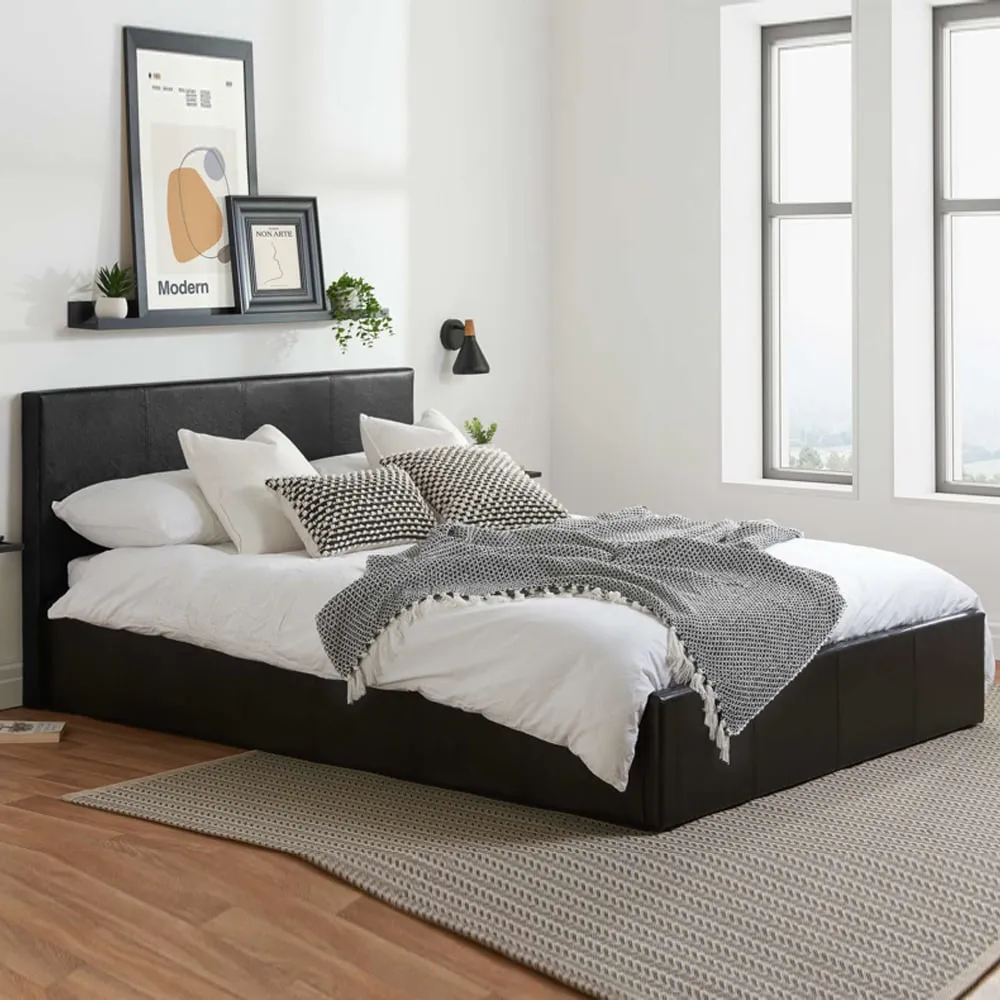 Beano Small Double Ottoman Bed with Storage - Black, Faux Leather