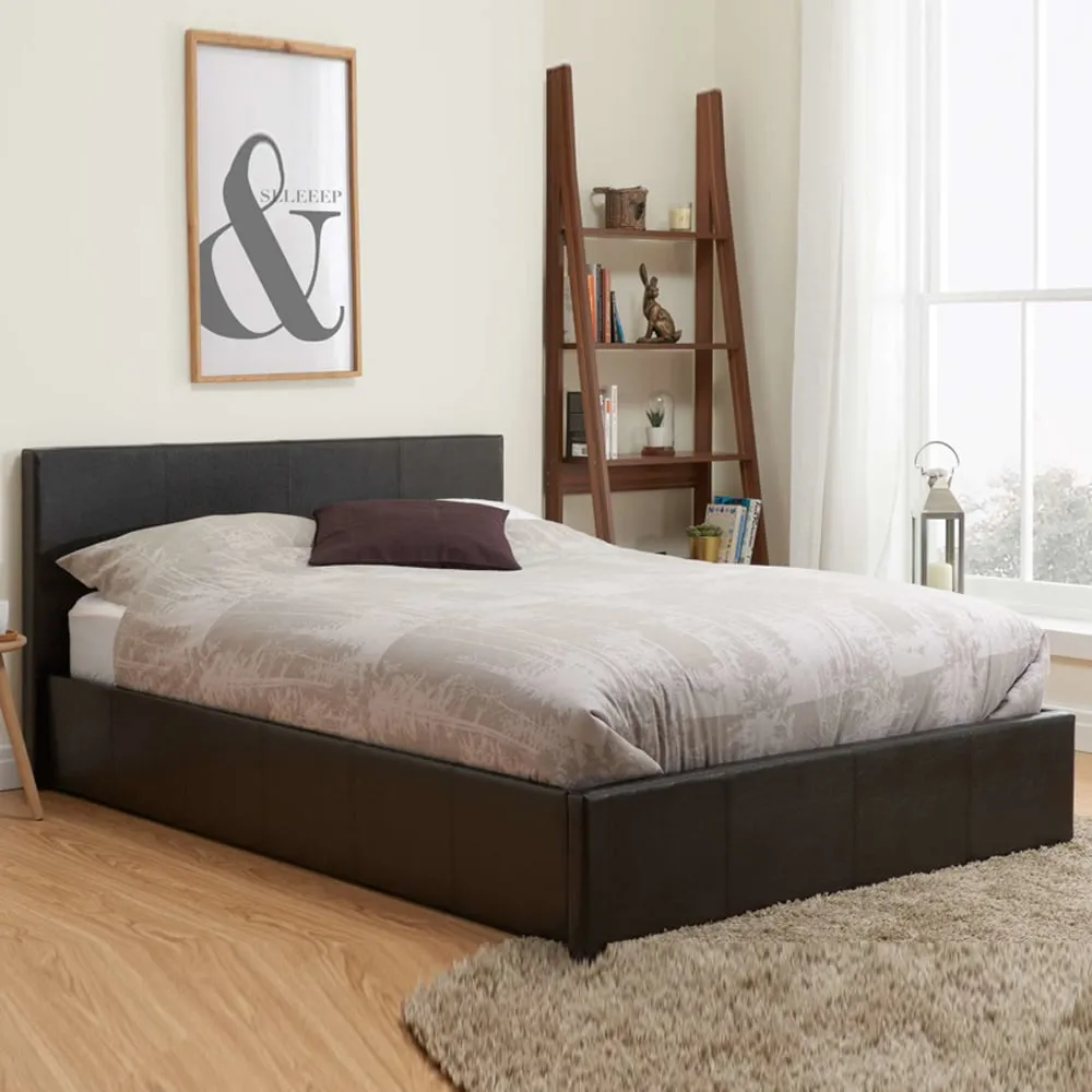 Beano Small Double Ottoman Bed with Storage - Brown, Faux Leather