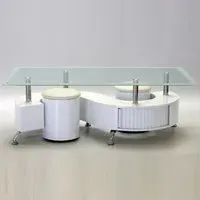 Beata Glass Coffee Table with 2 Stools - White, Glass
