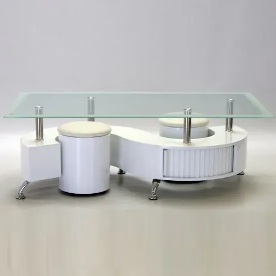 Beata Glass Coffee Table with 2 Stools - White, Glass image