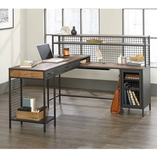 Beckley L-Shaped Laptop Desk - Black, Vintage Oak
