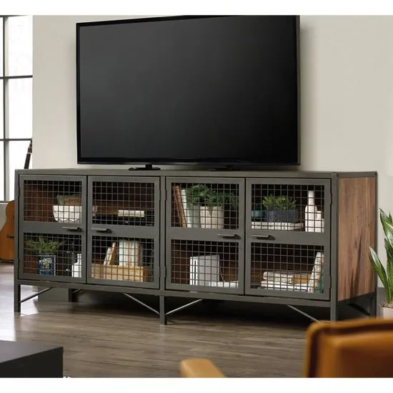Beckley TV Stand with 4 Doors - Black, Vintage Oak