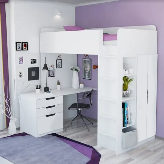 Belfort High Sleeper Bed with Desk and Wardrobe - White