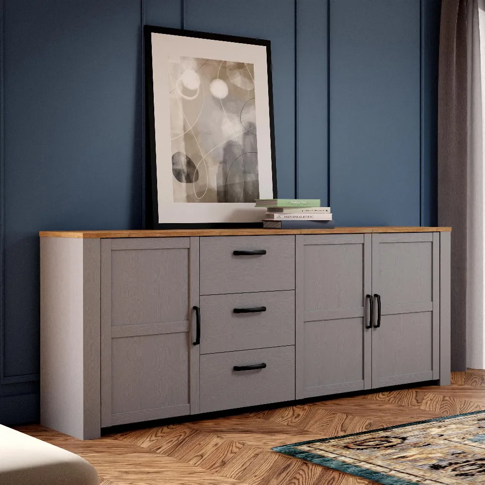 Belgin Wooden Sideboard with 3 Doors 3 Drawers - Grey Oak image